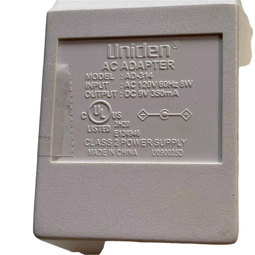 Uniden AC Adapter AD-314 120V 60Hz Input DC 9V 350mA Output Class 2 Power Supply